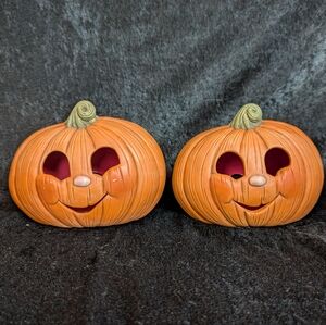 2 Light up anthropomorphic Ceramic jack-o'-lantern Pumpkins